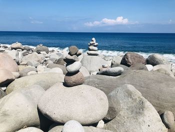 Rocks on beach against sky