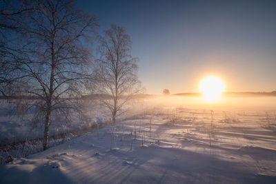 Scenic view of snow covered landscape during sunset