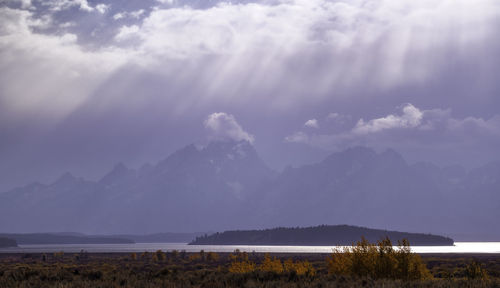 Scenic view of lake and mountains against sky