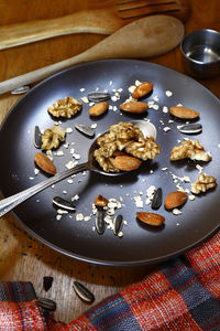 High angle view of food in plate on table