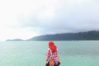 Rear view of person in sea against sky