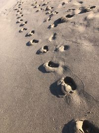 High angle view of footprints on sand