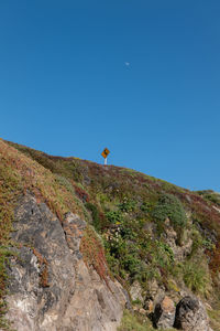 Low vantage point view of street sign on green hill pointing to moon