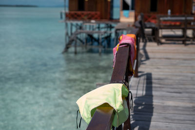 Life jackets or life preservers drying out on dock.