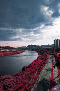 Bridge over river in city against sky