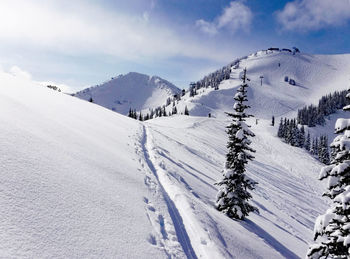 Snow covered landscape against sky