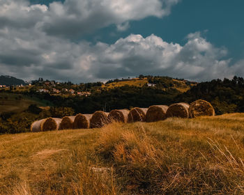 Hay bales on field against sky