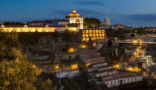 High angle view of illuminated buildings at night