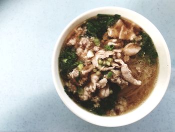 High angle view of soup in bowl on table