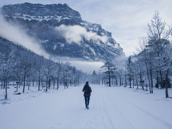 Rear view of person on snow covered field against sky