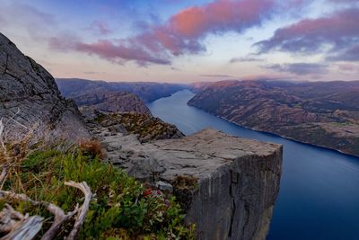 High angle view of lake against sky during sunset