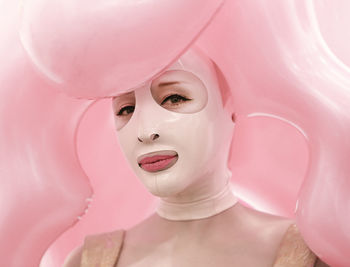 Close-up portrait of pink painting in store
