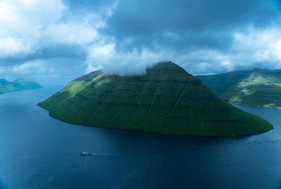 Scenic view of sea and mountains against sky