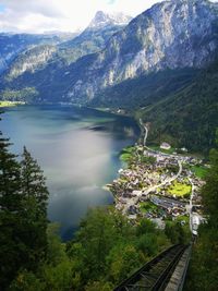 High angle view of railroad tracks by mountains