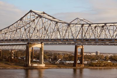 Bridge over river against sky at sunset