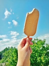 Midsection of person holding ice cream against sky