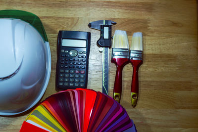 High angle view of multi colored pencils on table