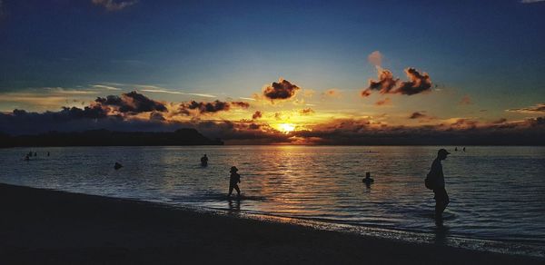 Silhouette birds on beach against sky during sunset