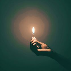 Person holding lit candle in the dark