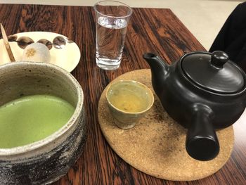 High angle view of tea cups on table