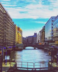 Bridge over river by buildings against sky