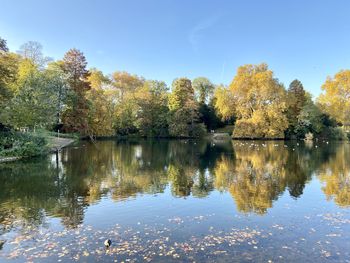 Reflection of trees in lake against sky