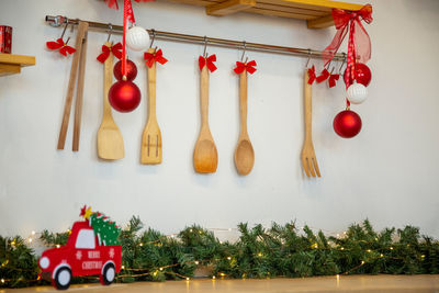 Close-up of christmas decorations on table