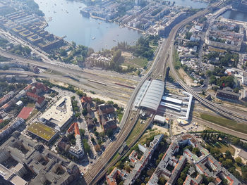 High angle view of city street and buildings