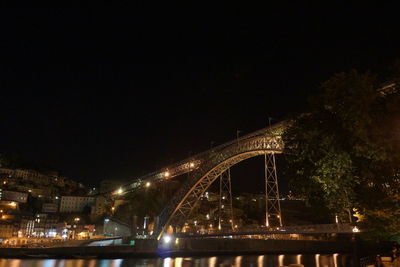 Suspension bridge over river at night