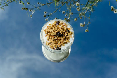 High angle view of breakfast served on table