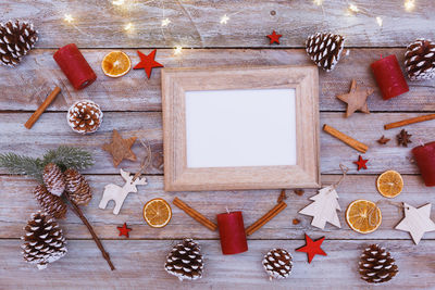 High angle view of christmas decoration on table