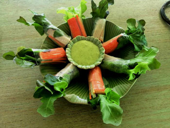 High angle view of fruits and leaves on table