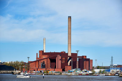 View of factory at harbor against sky