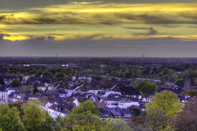 High angle view of townscape against sky at sunset