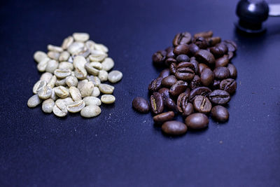 High angle view of coffee beans on table