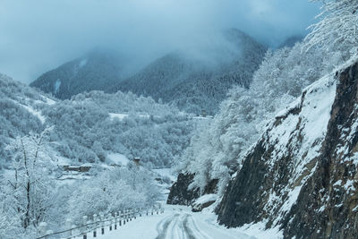 Scenic view of snowcapped mountains during winter