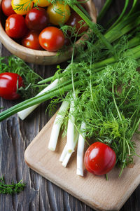 High angle view of tomatoes on table