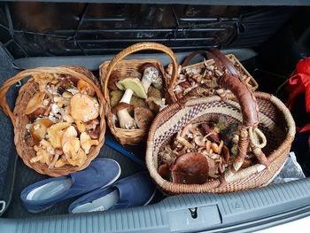 High angle view of mushrooms in basket on table