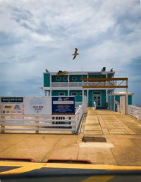 Low angle view of seagull flying over building against sky