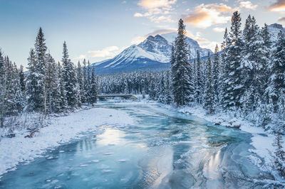 Frozen lake by snowcapped mountains against sky