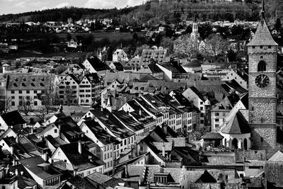 High angle view of buildings in city