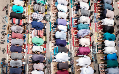 High angle view of group of people at zumma prayer on the street of bangladesh 