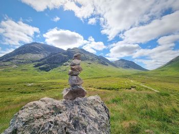 Scenic view of land and mountains against sky