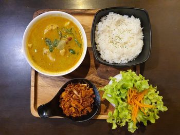 High angle view of meal served on table