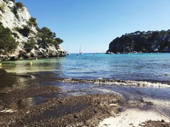 Scenic view of sea against clear blue sky