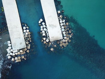 Aerial view of retaining walls by sea