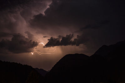 Low angle view of silhouette mountain against dramatic sky