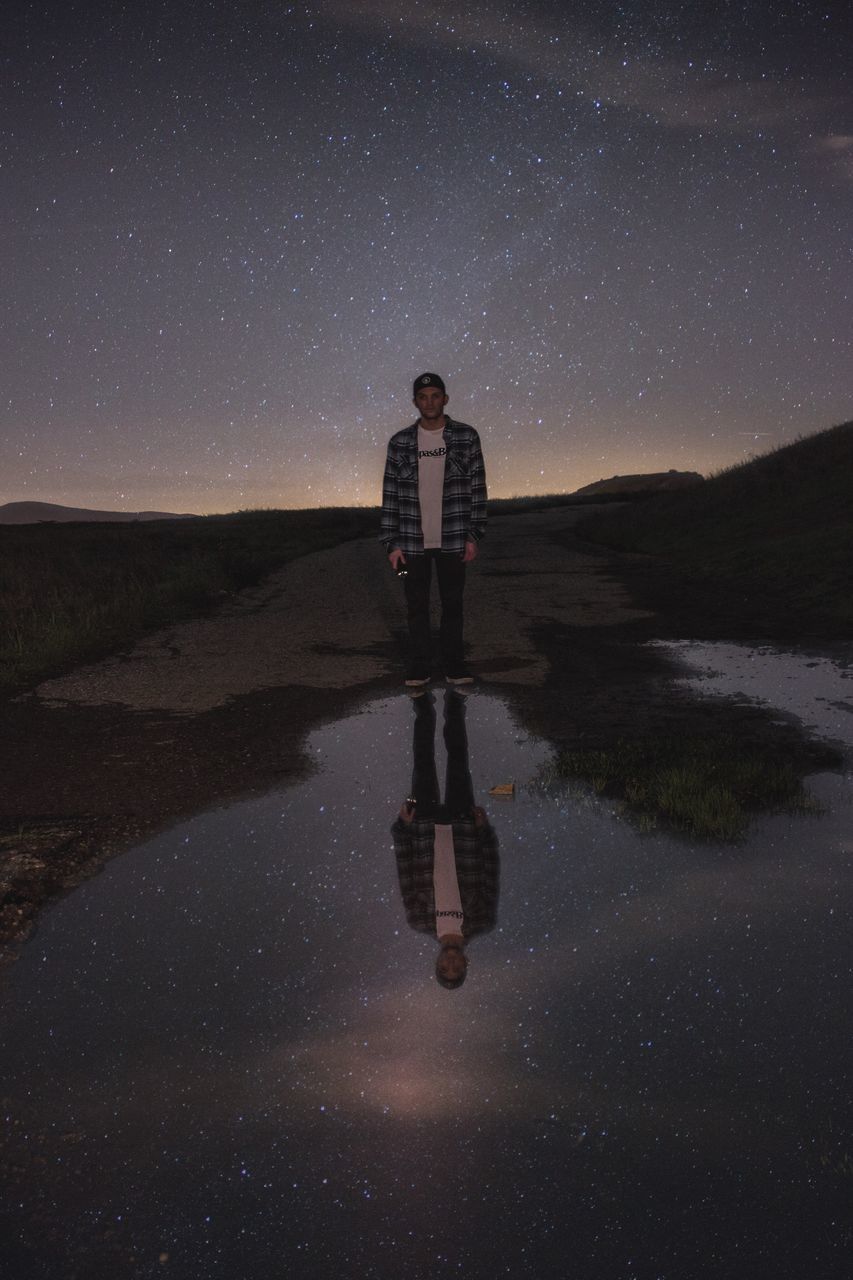 star - space, astronomy, one person, space, reflection, night, one man only, sky, space and astronomy, adults only, standing, people, star field, large group of objects, adult, nature, only men, young adult, constellation, milky way, outdoors, galaxy