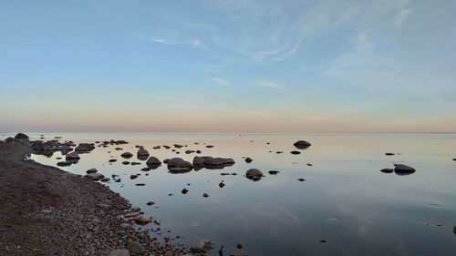 Flock of rocks in sea against sky