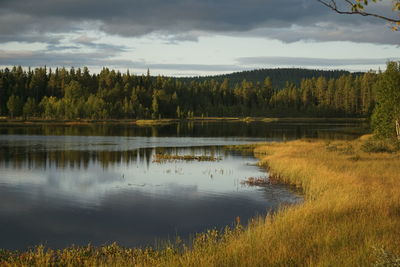 Scenic view of lake against cloudy sky